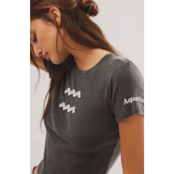 Free People NWT Cropped Shirt Horoscope Cut + Paste The Laundry Room Sz Small Aq - Picture 1 of 5